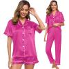 image:imageSWOMOG Womens Silk Satin Pajama Sets 3Pcs Button Down Pj Set Short Sleeve Sleepwear Loungewear Pjs Nightwear XSXXLRose Red