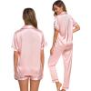 image:imageSWOMOG Womens Silk Satin Pajama Sets 3Pcs Button Down Pj Set Short Sleeve Sleepwear Loungewear Pjs Nightwear XSXXLSakura Pink