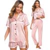 image:imageSWOMOG Womens Silk Satin Pajama Sets 3Pcs Button Down Pj Set Short Sleeve Sleepwear Loungewear Pjs Nightwear XSXXLSakura Pink