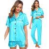 image:imageSWOMOG Womens Silk Satin Pajama Sets 3Pcs Button Down Pj Set Short Sleeve Sleepwear Loungewear Pjs Nightwear XSXXLTfblue