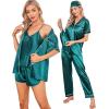 image:imageSWOMOG Womens Silk Satin Pajamas Sets 7pcs Sleepwear Sexy Cami Shorts Set and Button Down Short Sleeve Satin PjsGreen