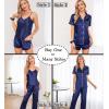 image:imageSWOMOG Womens Silk Satin Pajamas Sets 7pcs Sleepwear Sexy Cami Shorts Set and Button Down Short Sleeve Satin PjsNavy Blue