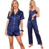 image:imageSWOMOG Womens Silk Satin Pajamas Sets 7pcs Sleepwear Sexy Cami Shorts Set and Button Down Short Sleeve Satin PjsNavy Blue