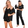 image:imageSWOMOG Womens Silk Satin Pajamas Sets 7pcs Sleepwear Sexy Cami Shorts Set and Button Down Short Sleeve Satin PjsSolid Black