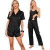 image:imageSWOMOG Womens Silk Satin Pajamas Sets 7pcs Sleepwear Sexy Cami Shorts Set and Button Down Short Sleeve Satin PjsSolid Black