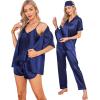 image:imageSWOMOG Womens Silk Satin Pajamas Sets 7pcs Sleepwear Sexy Cami Shorts Set and Button Down Short Sleeve Satin PjsSolid Navy Blue