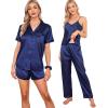 image:imageSWOMOG Womens Silk Satin Pajamas Sets 7pcs Sleepwear Sexy Cami Shorts Set and Button Down Short Sleeve Satin PjsSolid Navy Blue