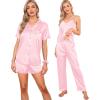 image:imageSWOMOG Womens Silk Satin Pajamas Sets 7pcs Sleepwear Sexy Cami Shorts Set and Button Down Short Sleeve Satin PjsSolid Pink