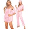 image:imageSWOMOG Womens Silk Satin Pajamas Sets 7pcs Sleepwear Sexy Cami Shorts Set and Button Down Short Sleeve Satin PjsSolid Pink