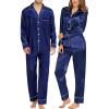 image:imageSWOMOG Couples Matching Pajamas Sets Women amp Men Silk Satin Long Sleeve Button Down Sleepwear 2 Pcs Classic LoungewearNavy Blue