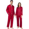 image:imageSWOMOG Family Matching Pajamas Set Silk Satin Button Down Sleepwear Long Sleeve Nightwear 2 Pcs Pj SetZ  Double Piping  Scarlet Red