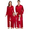 image:imageSWOMOG Family Matching Pajamas Silk Satin Long Sleeve Sleepwear Soft Button Down Loungewear 2 Pcs Pj SetRed