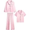 image:imageSWOMOG Girls Silk Pajama Button Down Cute Print Kids PJs Sets Pant 3 pcs Toddler Sleepwear Lounge Sets with Short TopPink