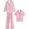 image:imageSWOMOG Girls Silk Pajama Button Down Cute Print Kids PJs Sets Pant 3 pcs Toddler Sleepwear Lounge Sets with Short TopPink Print Leopard