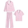 image:imageSWOMOG Girls Silk Pajama Button Down Cute Print Kids PJs Sets Pant 3 pcs Toddler Sleepwear Lounge Sets with Short TopPink Striped