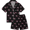 image:imageSWOMOG Kids Pajamas Sets 3PCS Short Sleeve Long Pants with Shorts Girls Boys Button Down PJS Cute Loungewear for 4T15YearsBlack Bowknot