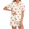 image:imageSWOMOG Women 2 Piece Pajamas Sets Short Sleeve Pj Sets Cute Printed Sleepwear Button Down Shirt with Lounge Shorts SetBear Beige