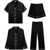 image:imageSWOMOG Women 4Pcs Silk Pajamas Set Button Down Sleepwear Loungewear Pj Sets for Ladies NightwearZ Double Piping  Black