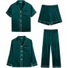 image:imageSWOMOG Women 4Pcs Silk Pajamas Set Button Down Sleepwear Loungewear Pj Sets for Ladies NightwearZ Double Piping  Deep Green
