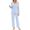 image:imageSWOMOG Women Gingham Pajama Set 100 Cotton 2 Piece Pjs Set Long Sleeve Plaid Shirts with Shorts Button Down Cute LoungewearBlue Stripe