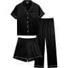 image:imageSWOMOG Women Plus Size Pajama Set Button Down Pjs 3pcs Silk Satin Sleepwear Loose Shorts Sleeve Loungewear 18W26WBlack