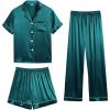image:imageSWOMOG Womens Silk Satin Pajama Sets 3Pcs Button Down Pj Set Short Sleeve Sleepwear Loungewear Pjs Nightwear XSXXLGreen