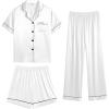 image:imageSWOMOG Womens Silk Satin Pajama Sets 3Pcs Button Down Pj Set Short Sleeve Sleepwear Loungewear Pjs Nightwear XSXXLWhite