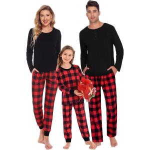 image:imageSWOMOG Couple Matching Pajamas Set Christmas Pajamas Long Sleeve Button Down Pj Set Festival Party Xmas SleepwearRed Black Plaid