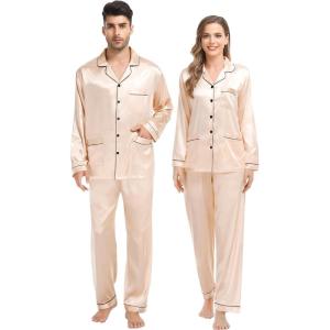 image:imageSWOMOG Couples Matching Pajamas Set Women amp Men Satin Long Sleeve Sleepwear Soft Button Down Pj Set Silk LoungewearChampagne