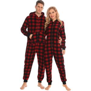 image:imageSWOMOG Couples One Piece Pajamas Sets Christmas Men amp Women Fleece Winter Loungewear ZipUp Jumpsuit with Pockets PjsRed Grid
