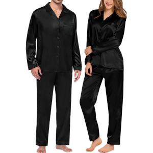 image:imageSWOMOG Couples Pajamas Womens ampMens Matching Pajamas Set Silk Satin Pj Set Long Sleeve Button Down Sleepwear 2 Pcs LoungewearBlack