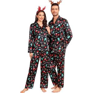 image:imageSWOMOG Couples Pajamas Womens ampMens Matching Pajamas Set Silk Satin Pj Set Long Sleeve Button Down Sleepwear 2 Pcs LoungewearBlack Chirstmas Pattern