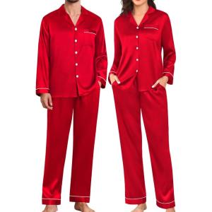image:imageSWOMOG Couples Pajamas Womens ampMens Matching Pajamas Set Silk Satin Pj Set Long Sleeve Button Down Sleepwear 2 Pcs LoungewearBright Red