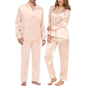 image:imageSWOMOG Couples Pajamas Womens ampMens Matching Pajamas Set Silk Satin Pj Set Long Sleeve Button Down Sleepwear 2 Pcs LoungewearChampagne