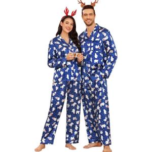 image:imageSWOMOG Couples Pajamas Womens ampMens Matching Pajamas Set Silk Satin Pj Set Long Sleeve Button Down Sleepwear 2 Pcs LoungewearChristmas Polar Bear