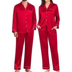 image:imageSWOMOG Couples Pajamas Womens ampMens Matching Pajamas Set Silk Satin Pj Set Long Sleeve Button Down Sleepwear 2 Pcs LoungewearDark Red