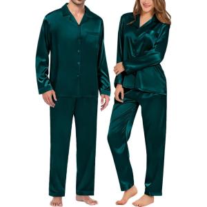 image:imageSWOMOG Couples Pajamas Womens ampMens Matching Pajamas Set Silk Satin Pj Set Long Sleeve Button Down Sleepwear 2 Pcs LoungewearDeep Green