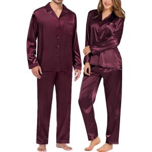 image:imageSWOMOG Couples Pajamas Womens ampMens Matching Pajamas Set Silk Satin Pj Set Long Sleeve Button Down Sleepwear 2 Pcs LoungewearDeep Wine Red
