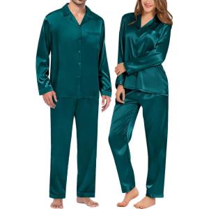image:imageSWOMOG Couples Pajamas Womens ampMens Matching Pajamas Set Silk Satin Pj Set Long Sleeve Button Down Sleepwear 2 Pcs LoungewearGreen