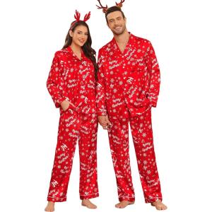 image:imageSWOMOG Couples Pajamas Womens ampMens Matching Pajamas Set Silk Satin Pj Set Long Sleeve Button Down Sleepwear 2 Pcs LoungewearHo Snowflake