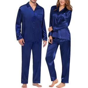 image:imageSWOMOG Couples Pajamas Womens ampMens Matching Pajamas Set Silk Satin Pj Set Long Sleeve Button Down Sleepwear 2 Pcs LoungewearNavy Blue