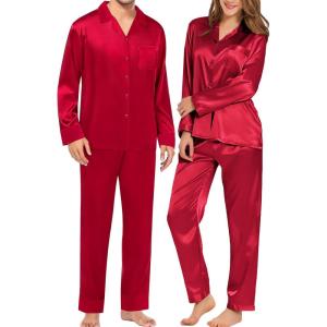 image:imageSWOMOG Couples Pajamas Womens ampMens Matching Pajamas Set Silk Satin Pj Set Long Sleeve Button Down Sleepwear 2 Pcs LoungewearRed