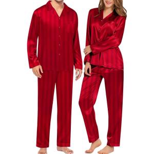 image:imageSWOMOG Couples Pajamas Womens ampMens Matching Pajamas Set Silk Satin Pj Set Long Sleeve Button Down Sleepwear 2 Pcs LoungewearRed Striped