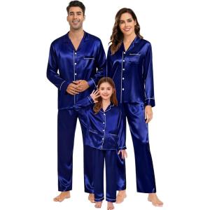 image:imageSWOMOG Couples Satin Pajamas Set Womens Matching Silk Long Sleeve Sleepwear 2 Piece Button Down Pjs Set Lounge Set Deep Navy Blue