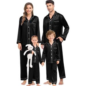 image:imageSWOMOG Family Matching Pajama Satin Pajamas Long Sleeve Sleepwear Button Down Loungewear 2 Pcs Pj SetBlack