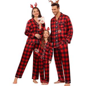 image:imageSWOMOG Family Matching Pajama Satin Pajamas Long Sleeve Sleepwear Button Down Loungewear 2 Pcs Pj SetBlack and Red Plaid