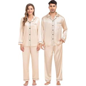 image:imageSWOMOG Family Matching Pajama Satin Pajamas Long Sleeve Sleepwear Button Down Loungewear 2 Pcs Pj SetChampagne