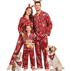 image:imageSWOMOG Family Matching Pajama Satin Pajamas Long Sleeve Sleepwear Button Down Loungewear 2 Pcs Pj SetChristmas Pattern Red
