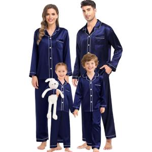 image:imageSWOMOG Family Matching Pajama Satin Pajamas Long Sleeve Sleepwear Button Down Loungewear 2 Pcs Pj SetDeep Navy Blue