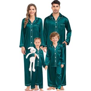 image:imageSWOMOG Family Matching Pajama Satin Pajamas Long Sleeve Sleepwear Button Down Loungewear 2 Pcs Pj SetGreen
